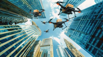 Urban Drone Delivery Drones flying over sky, delivery drones flying above the city