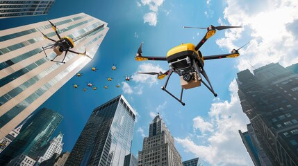 Urban Drone Delivery Drones flying over sky, delivery drones flying above the city