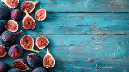 Top view of fresh figs on a blue wooden table with space for text