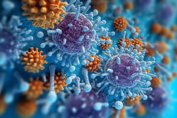 3D render of a medical with virus cells bacteria. Multiple realistic coronavirus particles floating