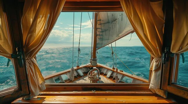 Expansive ocean surface viewed from captain's cabin window on a serene day at sea.
 Seamless looping 4k time-lapse virtual video animation background. Generated AI