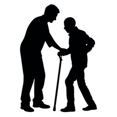 A man helping old man to walking with cane vector silhouette, man helping a Grandpa silhouette