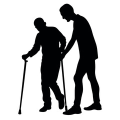 A man helping old man to walking with cane vector silhouette, man helping a Grandpa silhouette