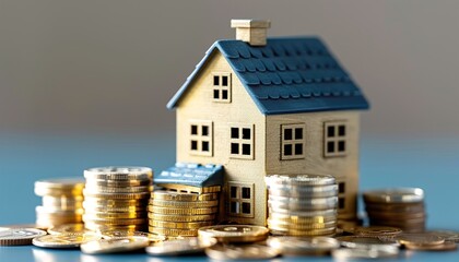House and Coins isolated on pastel blue background. 