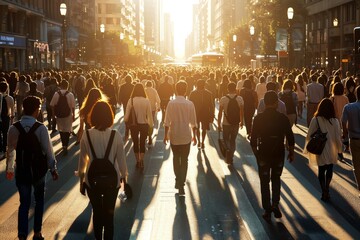 Crowd of people on the street at big city and sunset