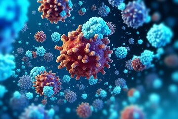 3D render of a medical with virus cells bacteria. Multiple realistic coronavirus particles floating