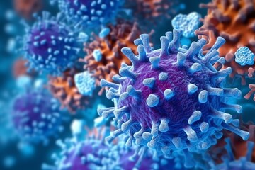 3D render of a medical with virus cells bacteria. Multiple realistic coronavirus particles floating