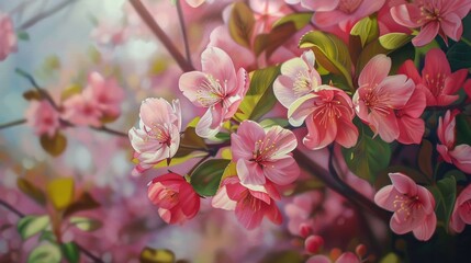 Obraz premium Spring tree flowers and leaves up close