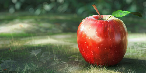 The vivid red apple shines brightly on a green background, tempting passersby with its crisp flavor.