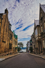 View from Rue des Grisons down to the St. Lawrence river in the upper town area in Quebec city, the capital of Quebec province,Canada