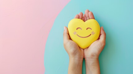 Hands Holding Yellow Heart with Smiley Face on Pastel Background: Concept of Positive Thinking and Mental Health Care