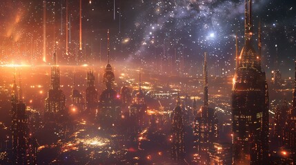 Fototapeta premium Futuristic glittering in space on black background.