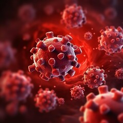 3D render of a medical with virus cells bacteria. Multiple realistic coronavirus particles floating