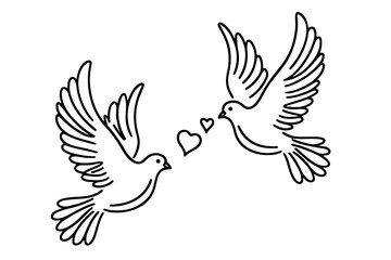 Obraz premium Continuous one black line hand drawing of a pigeon flying with heart love doodle outline vector on white background.
