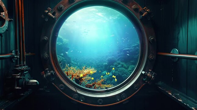 Scenic underwater landscape viewed from submarine window with vibrant marine life.
 Seamless looping 4k time-lapse virtual video animation background. Generated AI