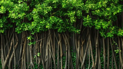 Wall covered with green leaves of banyan trees