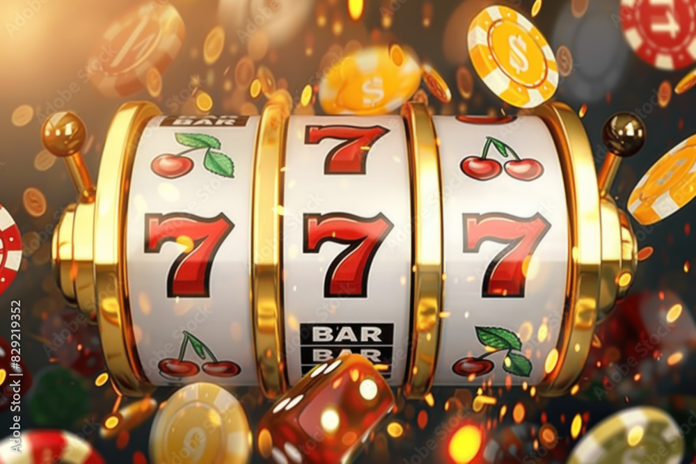 Wall mural golden jackpot moment on a slot machine with triple sevens, surrounded by coins and a celebration of