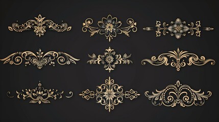 Collection of retro stylish separators and ornaments with floral and intricate designs for decorative purposes