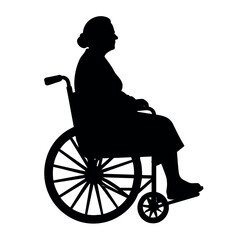 a disable old woman sitting on the wheel chair vector silhouette