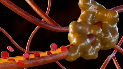 3d rendering of close up view of blood vessel and cancer cell 