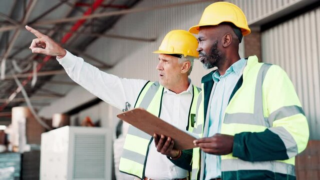 Logistics, manager and man with clipboard in warehouse for inventory, export or inspection for distribution. Industrial, mature person and colleague for supply chain, discussion or quality control