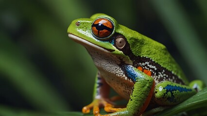 Fototapeta premium close up portrait of a green frog relaxing on a leaf stem