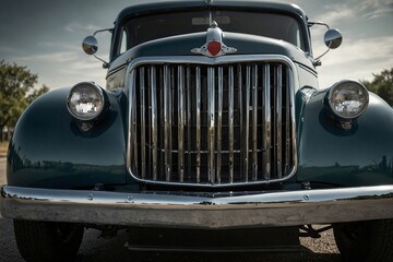 Vintage truck, focus on the classic grille design, chrome details and front end