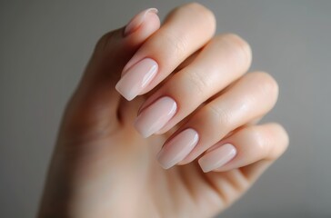 Fototapeta premium Close-up of a hand showcasing a professional manicure with shiny pink polish, perfect for beauty and fashion concepts.