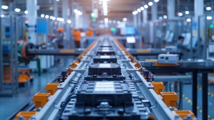 an electric vehicle production line, showcasing rows of battery cells on an assembly belt in a modern factory hall.  technology and innovation concept