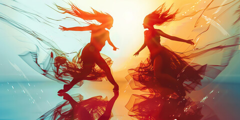 Two dancers spin and twirl effortlessly around each other, their movements mirroring the motion of a breeze