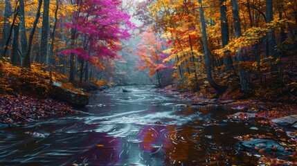 A river with a colorful fall foliage lining the banks