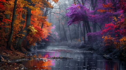 A river with a colorful fall foliage lining the banks