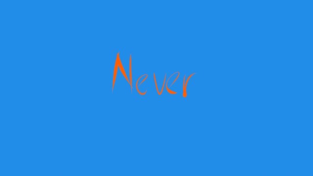 The word never is written in free hand in orange on a blue background