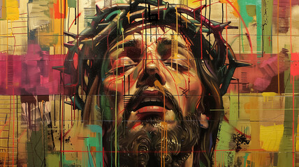 Conceptual Religious scene Art image of Jesus Christ wearing the crown of thorns.