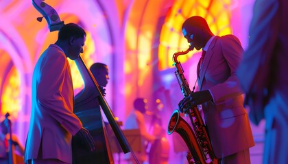 Jazz in pastels capture of a jazz band dressed in pasteltoned 3D garments, focus on, smooth rhythm theme, whimsical, Silhouette, jazz club