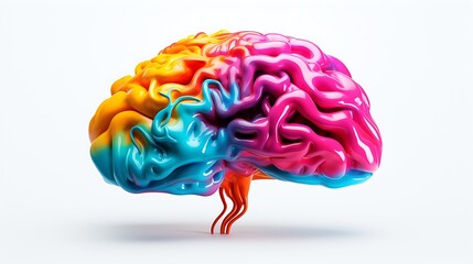 A vibrant, colorful brain shape on a pristine white background.