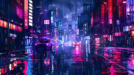 A futuristic cityscape with neon lights reflecting on wet streets