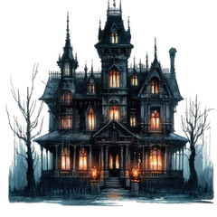 Obraz premium Haunted mansion with flickering lights on white background