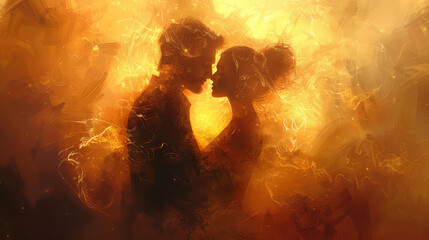 Romantic illustration of a graceful woman and man sharing a passionate kiss in soft lighting.
