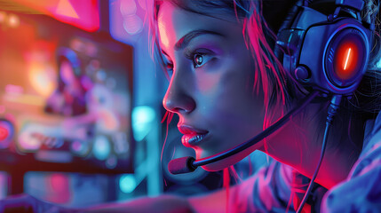 Graceful woman excelling in intense video game tournament, skilled and determined, captivating and dynamic, highquality illustration.
