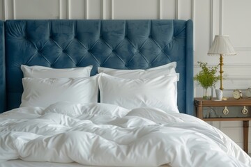 Bedroom with white bed linen pillows duvet and bedside table Blue headboard Front view