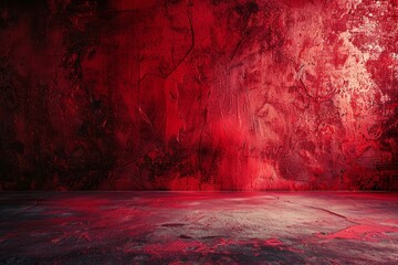Blank red concrete floor and blurry wall dimly lit interior ideal for showcasing products and creating cover banners