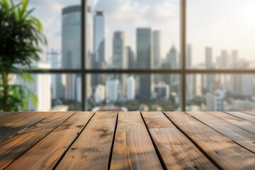 Blank wooden table with blurred office and city view background for displaying products or creating visual layouts