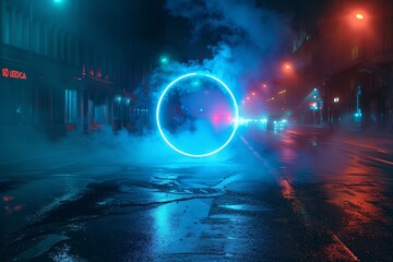 Blue neon circle on wet asphalt street with smoke at night