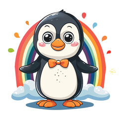Obraz premium A delightful cartoon penguin with a bow tie and happy feet stands beneath a vibrant rainbow on a white background. This charming image exudes playfulness and is perfect for kids' content and cute,clip