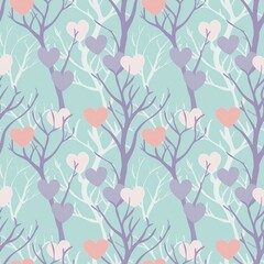 Light pink heart tree, light purple, light red, fashionable summer vintage fabric pattern, seamless, textile, background, mint green