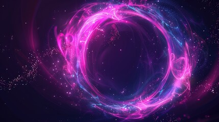 Obraz premium Circle and loop frames with magic purple and pink flame and sparks isolated on transparent material, abstract neon energy sphere of particles and waves of magical glowing on a dark background