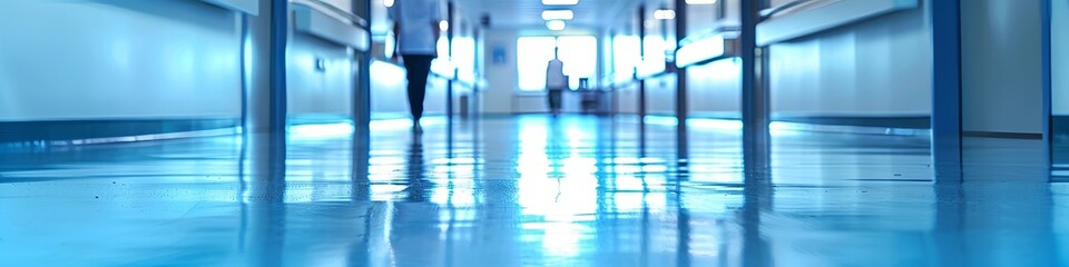 A blurred hospital corridor background with nurses and doctors walking in the distance. 