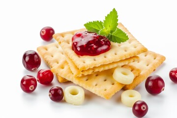 Cheese and cranberry jam on cracker white background
