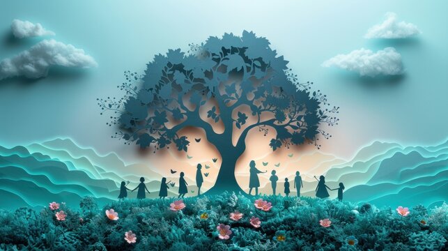 Illustrate a paper cut of a family tree with each branch made of paper representing generations of knowledge